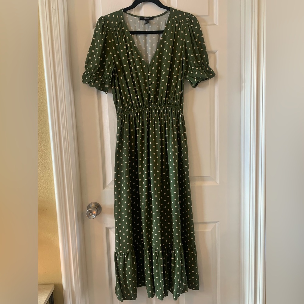 Beautiful, flowy olive green maxi dress with white polka dots.